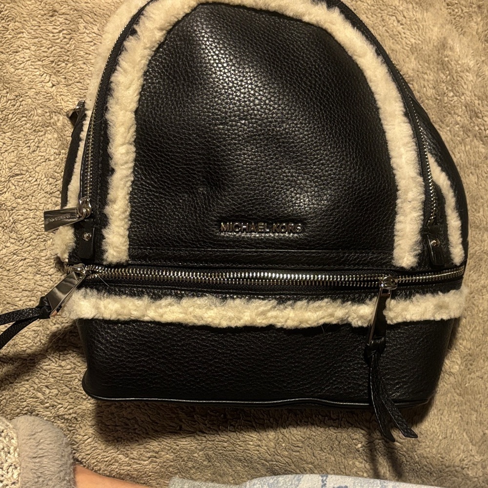 Michael Kors Rhea Black Leather and Cream Shearling Backpack